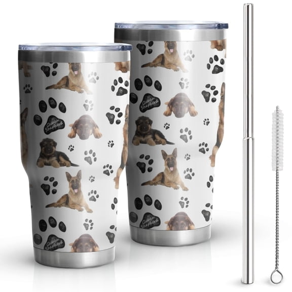 30oz German Shepherd Dog and Footprint Tumblers Stainless Steel Tumbler with Lid and Straw,Vacuum Insulated Double Wall Travel Tumbler Cups Mug with Cleaning Brush for Coffee,Tea
