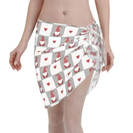 Qekee Gnomes and Hearts Women s Short Sarongs Cover Ups Sheer Bikini Wraps for Swimwear