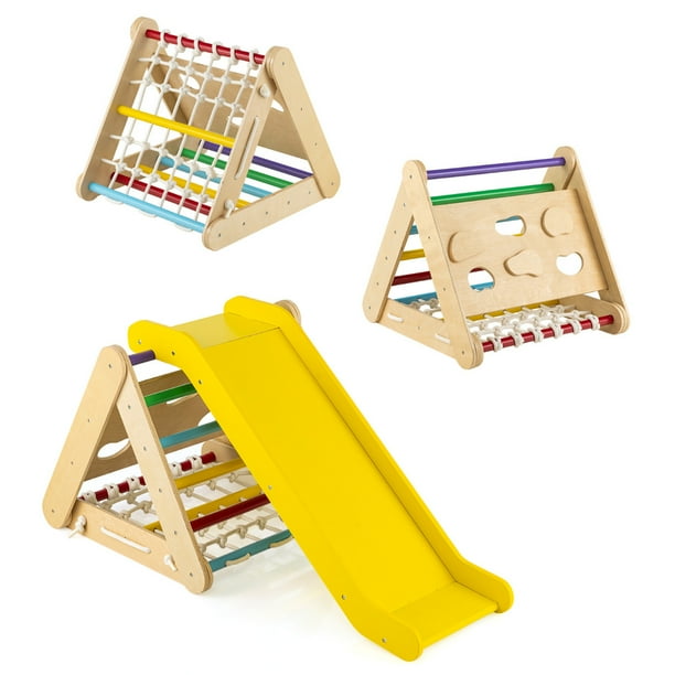 Costway Juguete de Escalada para Niños 4 en 1 Escalador Triangular con Tablero Deslizante Red de Escalada Juego de Madera para Interior