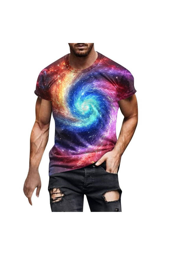 Shirts for Men Big and Tall 4Xl Plus Size Tops 4X Short Sleeve Men's Casual Sky Printed Round Neck Short Sleeved T-shirt Top