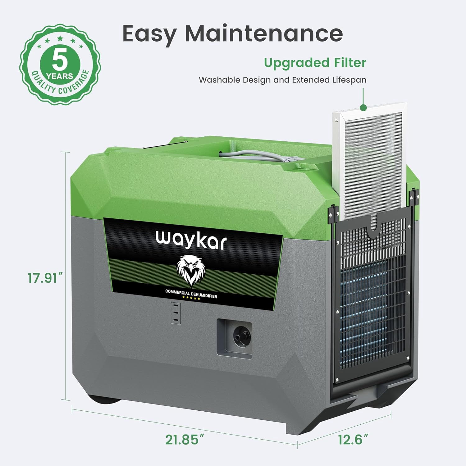 Waykar 150 Pints Commercial Dehumidifier with Pump for Large Areas up to 7,500 Sq. Ft, Stackable Industrial Dehumidifier for Crawl Spaces, Basements, and Water Damage Restoration — 5 Year Coverage