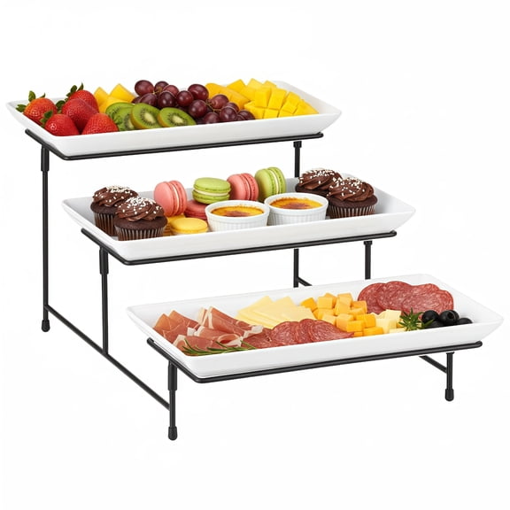 3-Tier Serving Tray for Party, 12" Tiered Serving Platters with Metal Stand, Plastic Dessert Fruit Display Rack, Vertical Countertop Food Organizer for Fruits, Desserts, Veggie, Cookie