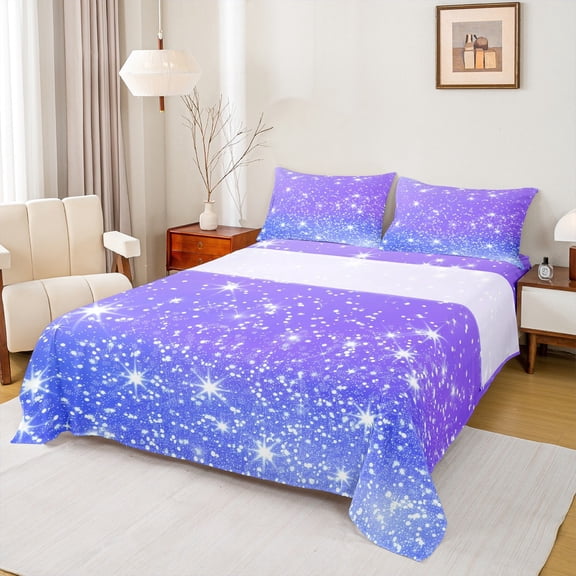 Manfei Dreamy Starry Sky Full Size Sheets, Purple Blue Bling Stars Bed Sheets, Teens Kids Boys Girls Sheet Sets, Lightweight Room Decor, 4 Pieces