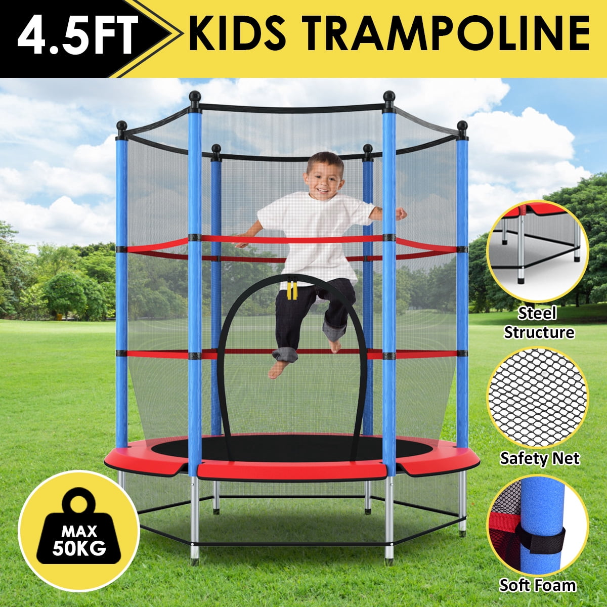 Topbuy Kids Round Jumping Trampoline Combo Bed Trampoline w/ Safety Enclosure Net Blue