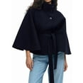 thumbnail image 1 of Ponchos con Mangas de Murciélago para Mujer, Abrigo de Lana con Cuello Alto y Cinturón, Chaqueta Corta de Invierno Marina S, 1 of 7