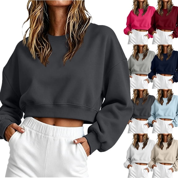 Zeliretfy Women Crew Neck Sweatshirt Long Sleeve Solid Color Shirt for Winter Sports Casual Daily Wear Workout Jogging Fitness Shopping Yoga Outdoor Activities