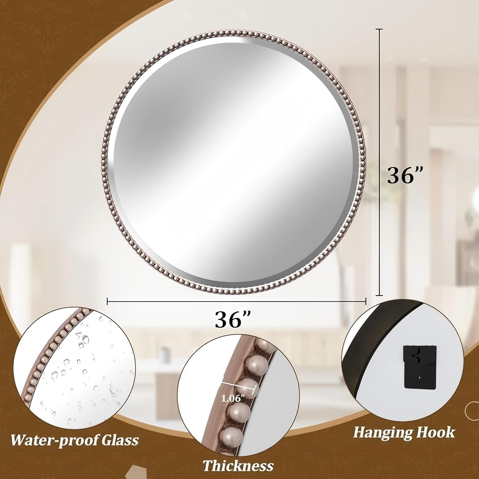 Mirrasia 36" Round Wall Mirror Decoration Hanging Mirror With Beaded Frame,Silver