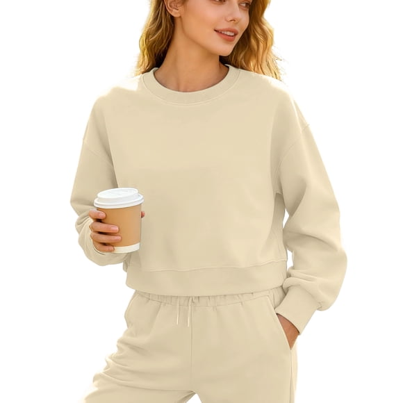 Ltctricy Cropped Sweatshirts for Women Casual Loose Long Sleeve Crewneck Pullover Sweatshirt Tops Fall Winter Fashion Clothes(Beige,X-Large)