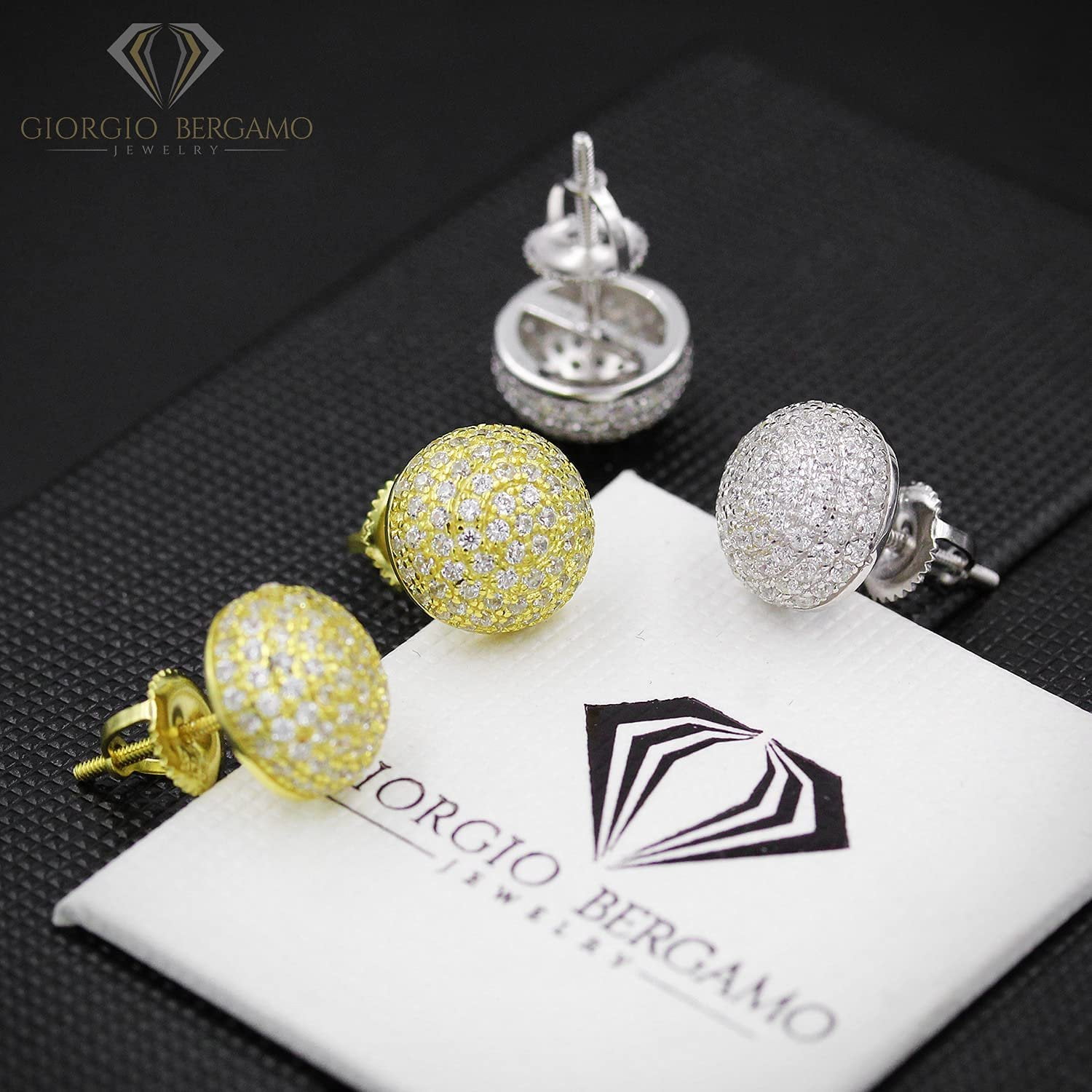 925 Sterling Silver Unisex Dome 3D Screw Back Stud Earring, Men's, Women, Gold Plated Micro Pave CZ Cubic Zirconia, Giorgio Bergamo Gold