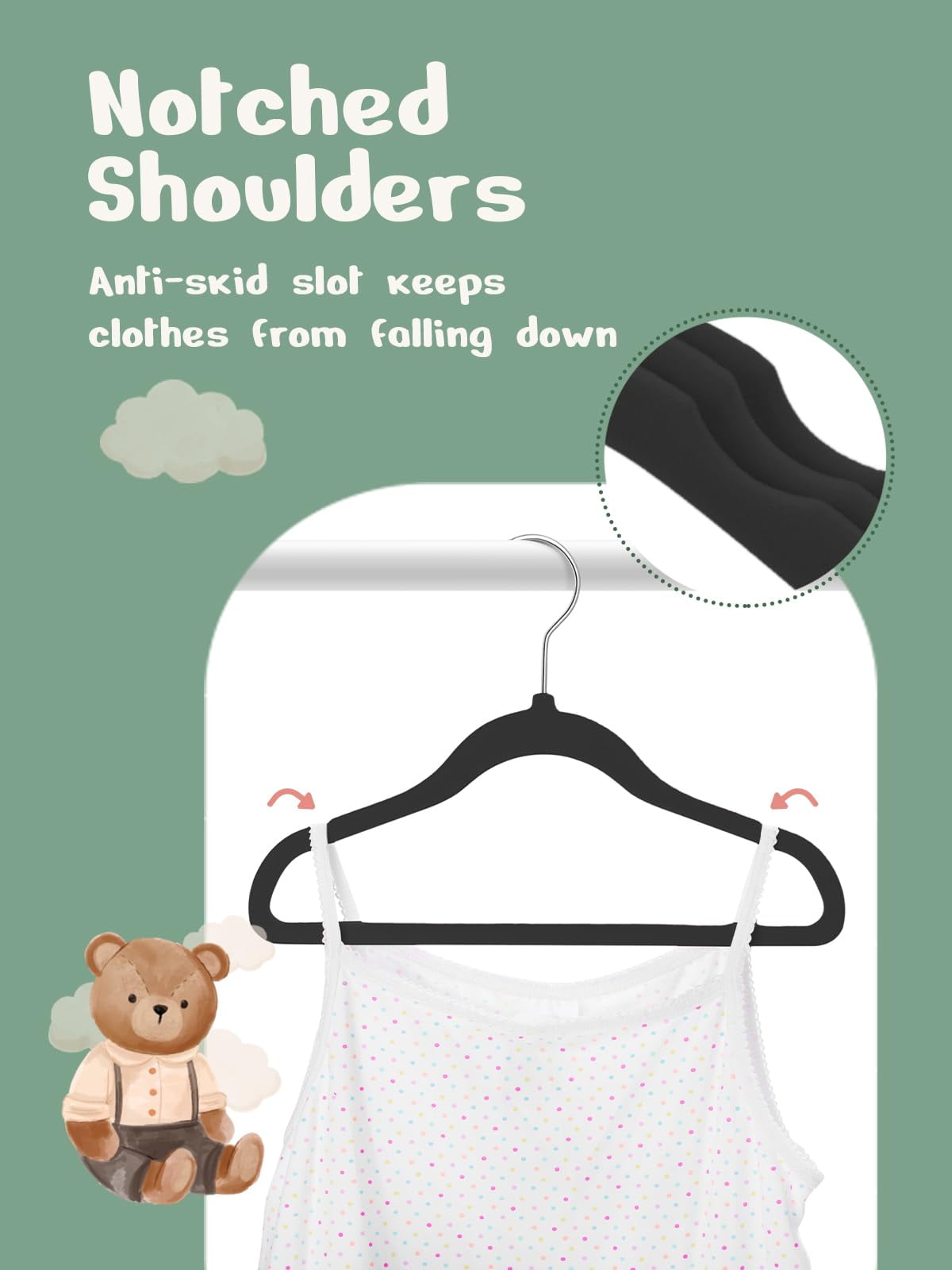 Cozymood 50 Pack Velvet Kids Hangers 11 inch Baby Felt Hangers Space-Saving Thin Design Baby to Toddler Clothes Organizer, Black