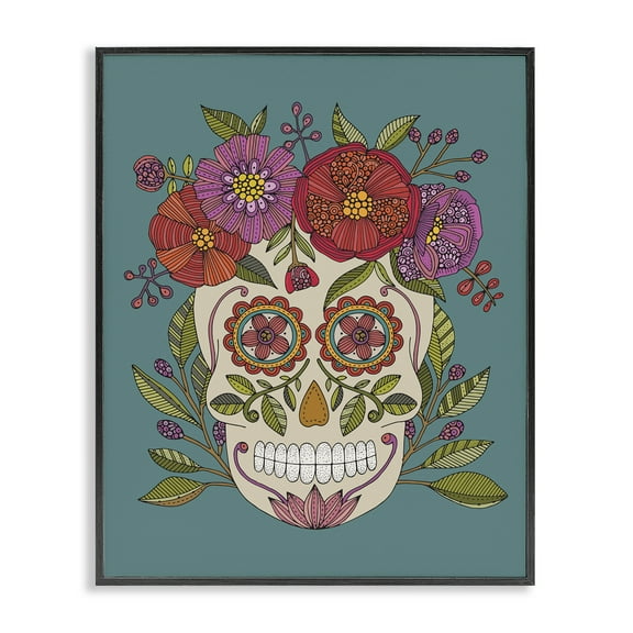 Stupell Industries Floral Sugar Skull Holiday Painting Black Framed Art Print Wall Art, 11 x 14