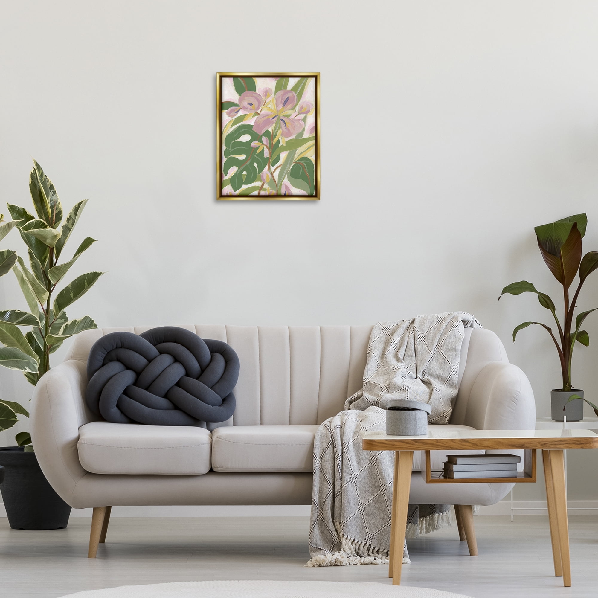 Stupell Industries Monstera & Pink Flower Plants & Flowers Painting Gold Floater Framed Canvas Art Print Wall Art, 17 x 21