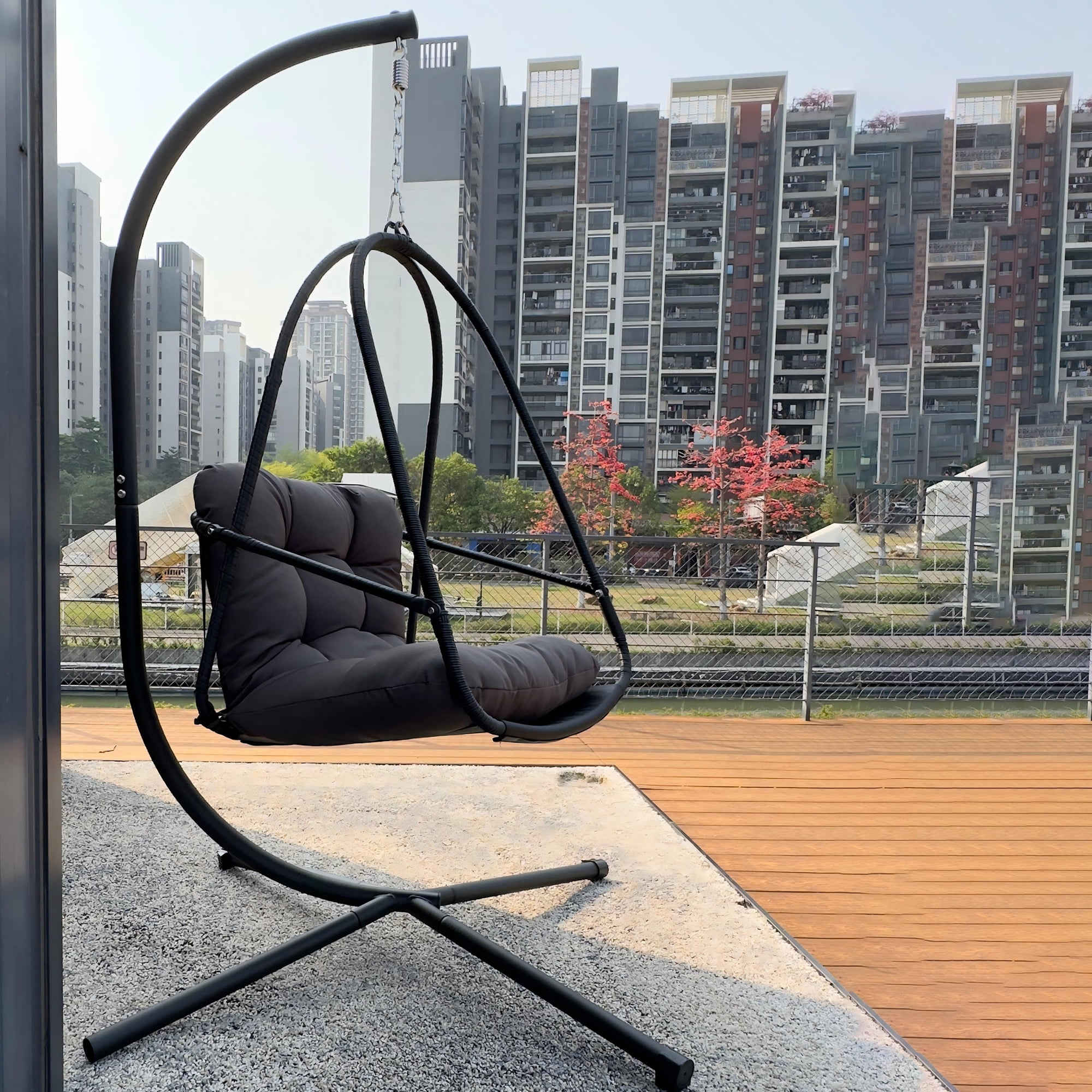 Miniyam Outdoor Hanging Egg Chair with Stand, Foldable Swing Chair with Cup Holder, Rattan Wicker Patio Chair with Cushions for Adults and Kids, Black