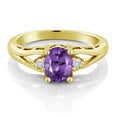 thumbnail image 2 of Gem Stone King 18K Yellow Gold Plated Silver Purple Amethyst and White Moissanite 3 Stone Engagement Ring for Women | 1.23 Cttw | Oval 8X6MM | Round 2MM | Gemstone February Birthstone | Size 7, 2 of 5