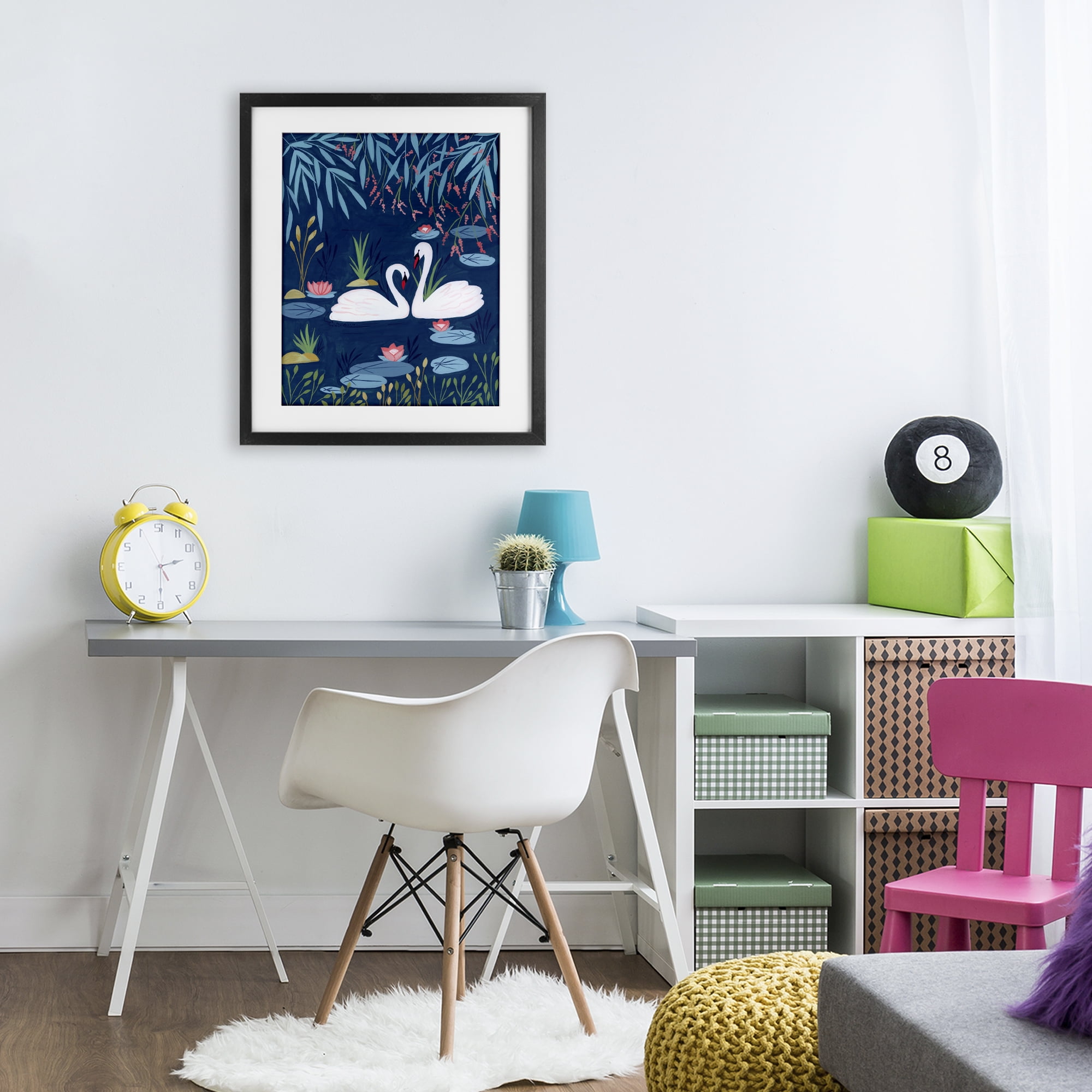 Swan Pair on Blue Pond Black Framed Print Under Glass, design by Nabeela Rumi