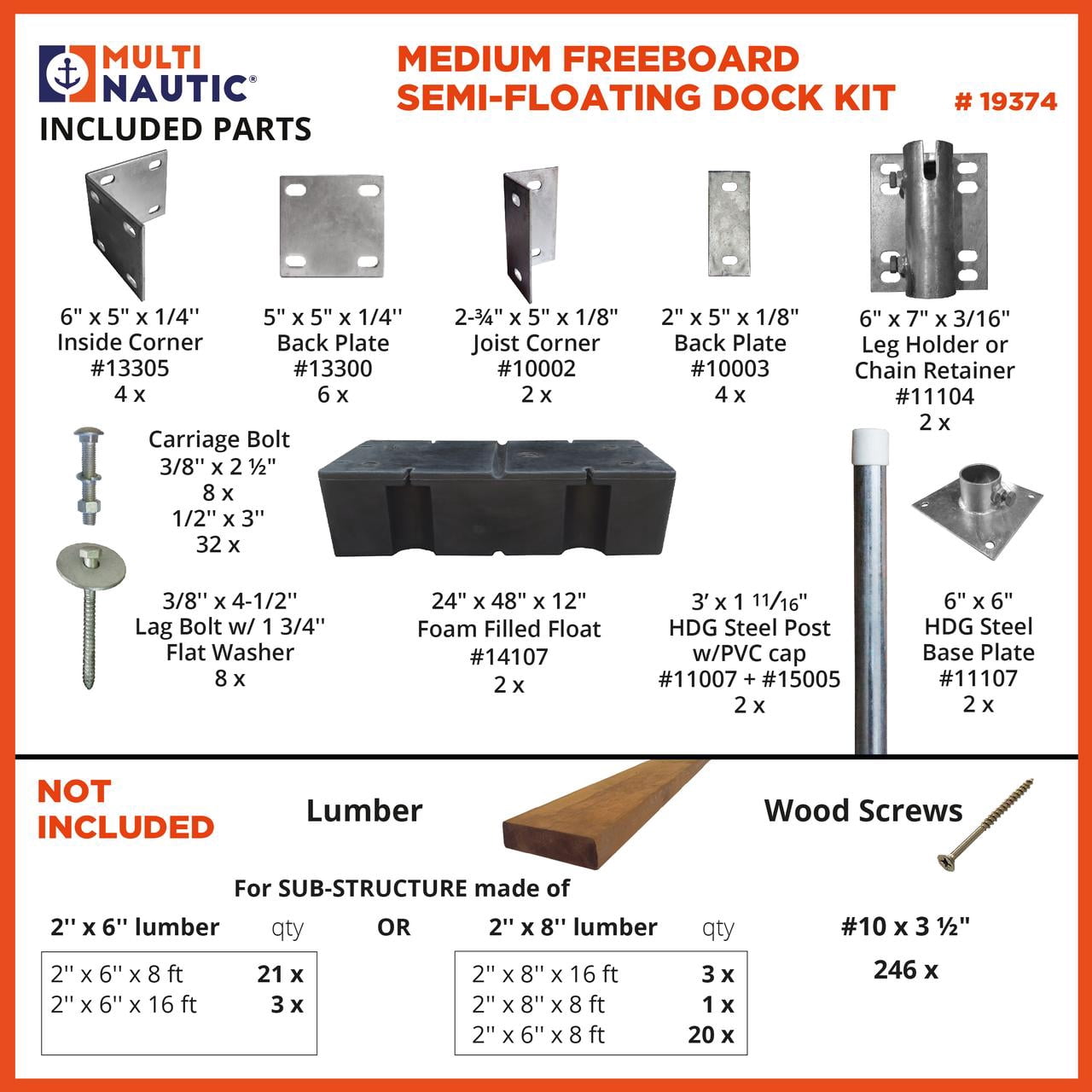 Multinautic 4 x 16 Semi-Floating Dock Kit with 2 Foam-Filled Medium Freeboard Floats
