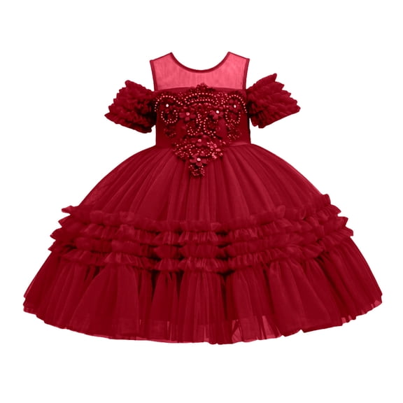 IFNWSV Girls Dresses Kids Solid Color Short Sleeve Dress Princess Dress for Red 9-10Years