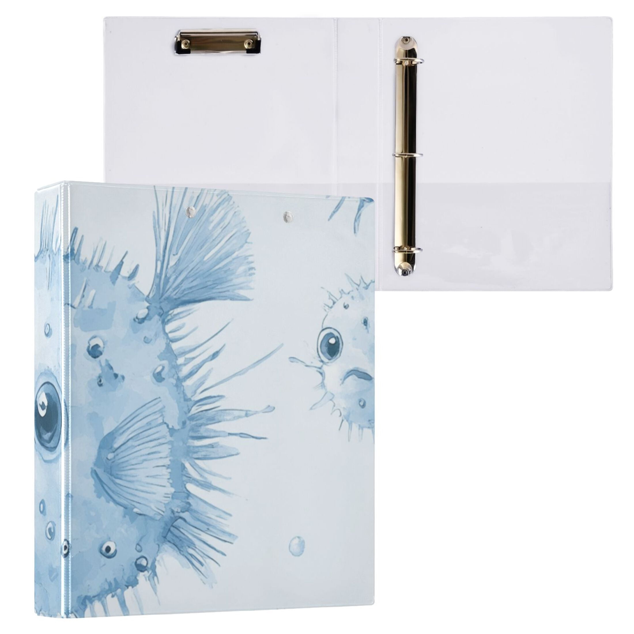 Blue Puffers Fish 3 Ring Binders 1.5 inch Hardcover File Folders with Interior Pockets A4 Size Organizer for School Office Hospital
