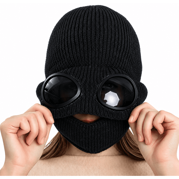 Unisex Knit Winter Beanie Hat with Goggles and Detachable Mask, Warm Ear Cover for Skiing Cycling Hiking Daily Outdoor Wear