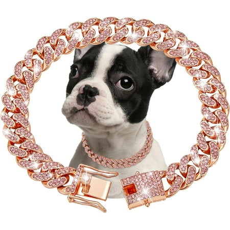 Wellsay Gold Dog Chain Collar Diamond Cuban Link Dog Collar 1m Wide Dog Necklace Metal Chain Pet Crystal Collar Jewelry Accessories for Small Medium Large Dogs s(16inch)
