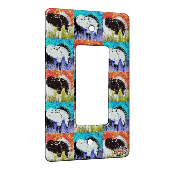 KuzmarK™ 1 Gang Rocker Wall Plate - Black Blagdon Sabino Piebald Gypsy in Autumn Horse Pattern Art by Denise Every