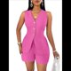 thumbnail image 2 of Conjuntos de Verano de 2 Piezas para Mujer, Sin Mangas, con Cuello en V, Abotonado, Chaleco y Pantalones Cortos con Bolsillos. Rosa Roja XL, 2 of 10