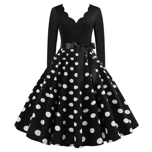Robe Décontractée à Manches Longues à Pois et Fleurs pour Femmes, Col en V, Jupe Formelle