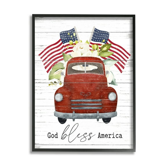 Stupell Industries God Bless America Sentiment Americana Red Truck Flags, 16 x 20, Designed by Lettered and Lined