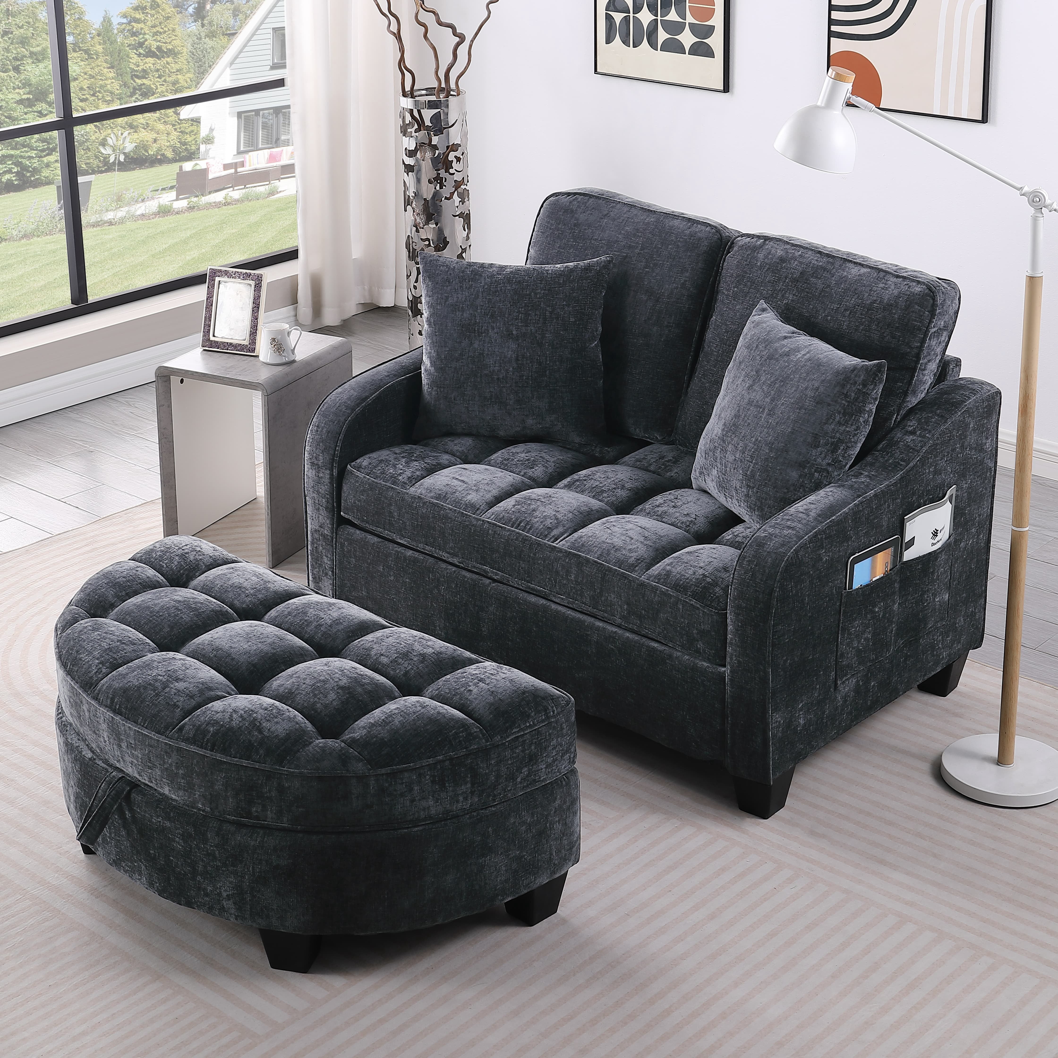 Aukfa Double Chaise Lounge Loveseat with Storage Ottoman & 2 Pillows, Modern Small Sectional Couch for Small Space,Black