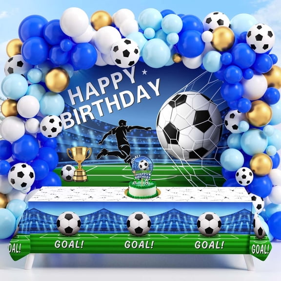 Soccer Birthday Party Decorations 116Ppcs 16Ft Blue Balloons Arch Kit Backdrop Cake Topper Tablecloth for Men Boys Soccer Theme Birthday Party Supplies