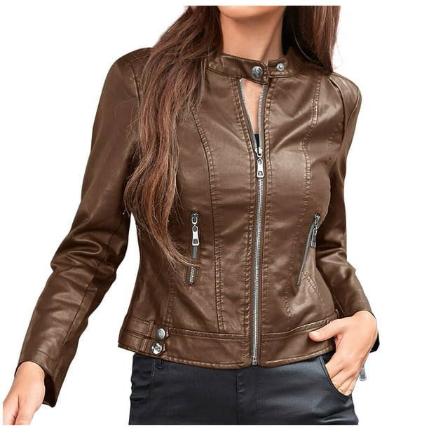 Cehvom Women Casual Coat Long Sleeves Suit Style Leather Jacket Women Clearance Brown