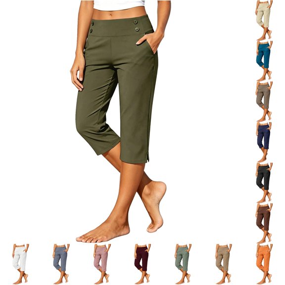 CUZIBR Womens Capri Yoga Pants With Pocket High Waist Baggy Slim Fit Workout Stretch Pants Trendy Gym Running Everyday Activewear Comfort Party Bottoms,Army Green,L