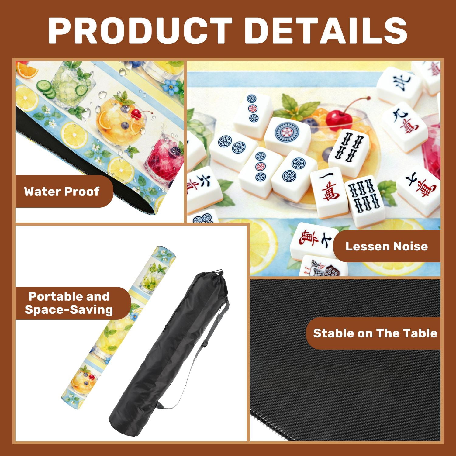 Mahjong Mat 31.5" x 31.5" Colorful Cocktail Glasses Fruit Garnishes Fresh Herbs Watercolor Style Non-Slip Noise Reduction Mahjong Tiles Table Cover for Dominoes Poker Card Board and Tile Games