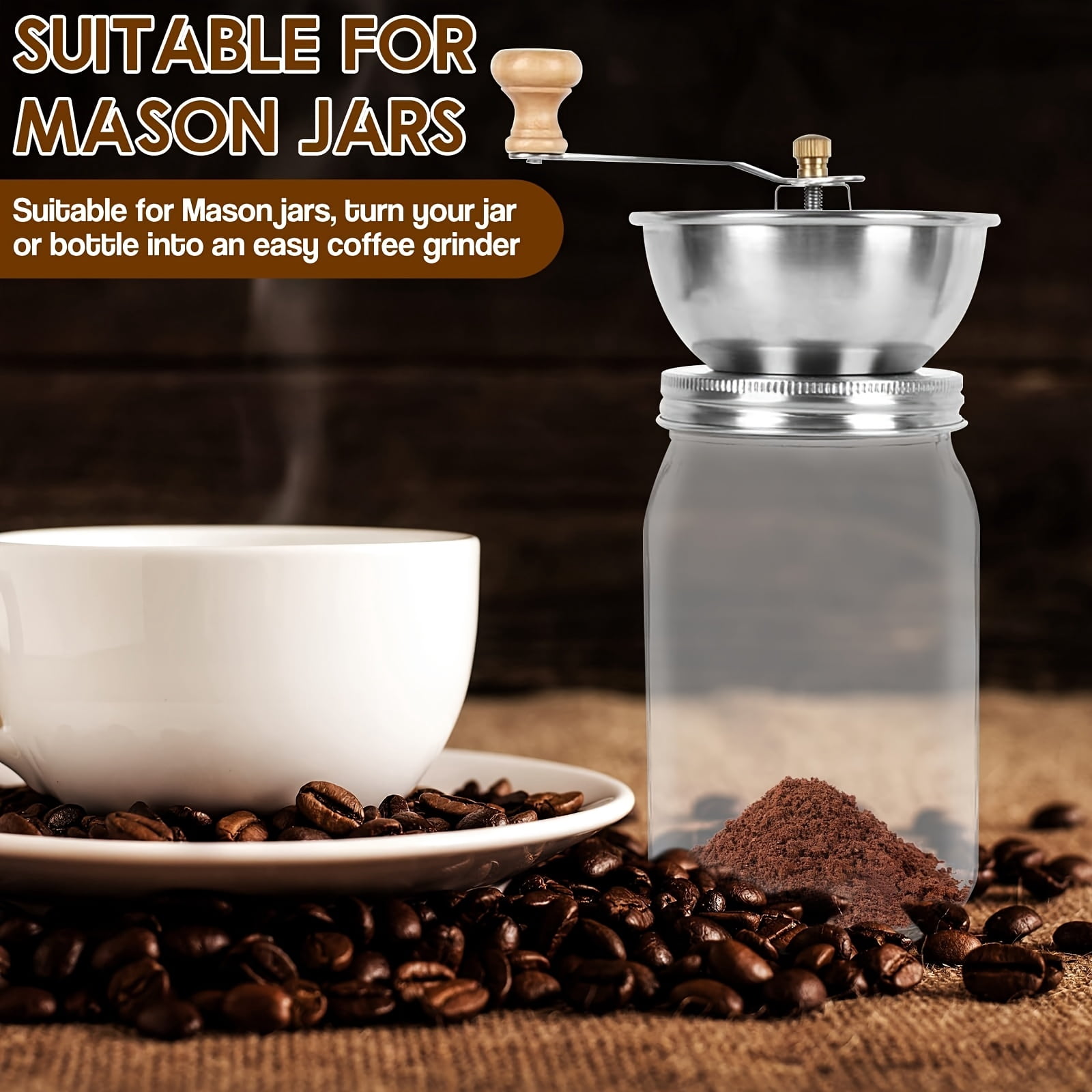 Lid Accessory for Stainless Steel Coffee Grinder Designed for And Wide-Mouth Mason Jars - a Manual Burr Grinder Perfect for Fresh Coffee, Great-70MM