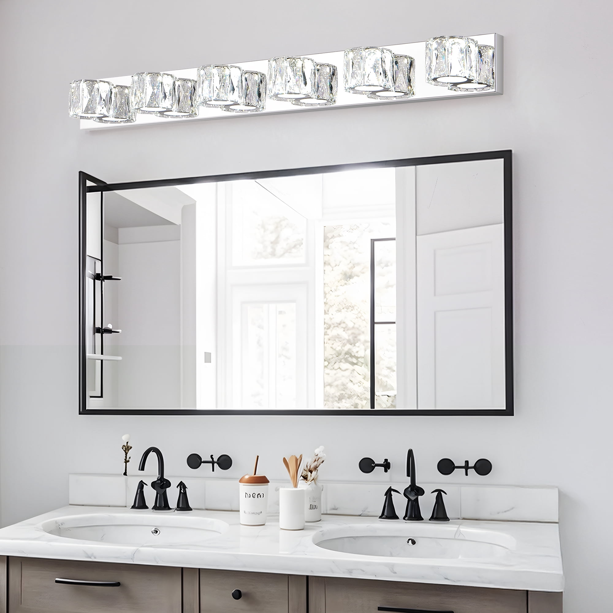 6 Lights Bathroom Crystal Modern Vanity Light 40.9in Vanity Lights for Bathroom - Dimmable LED Over Mirror Cool White Light Bath Light Fixtures Chrome