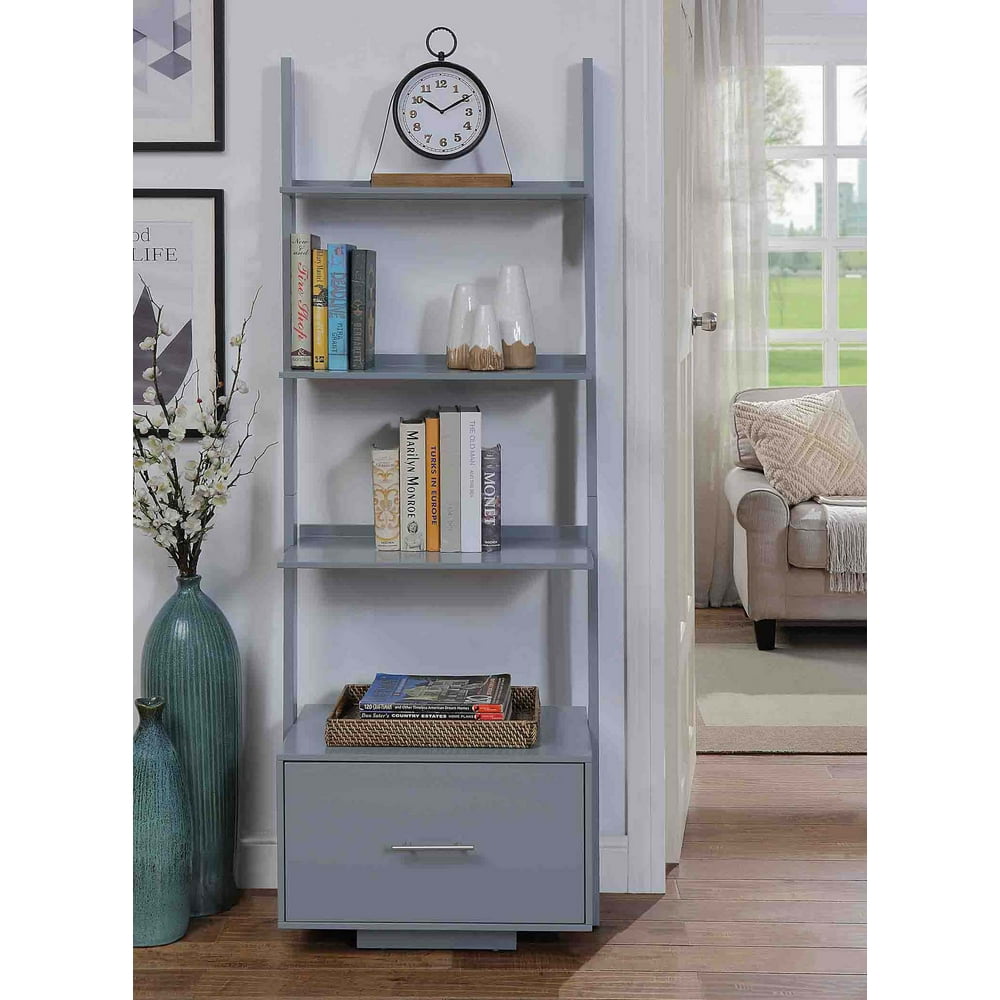 Convenience Concepts American Heritage Ladder Bookcase with File Drawer, Gray