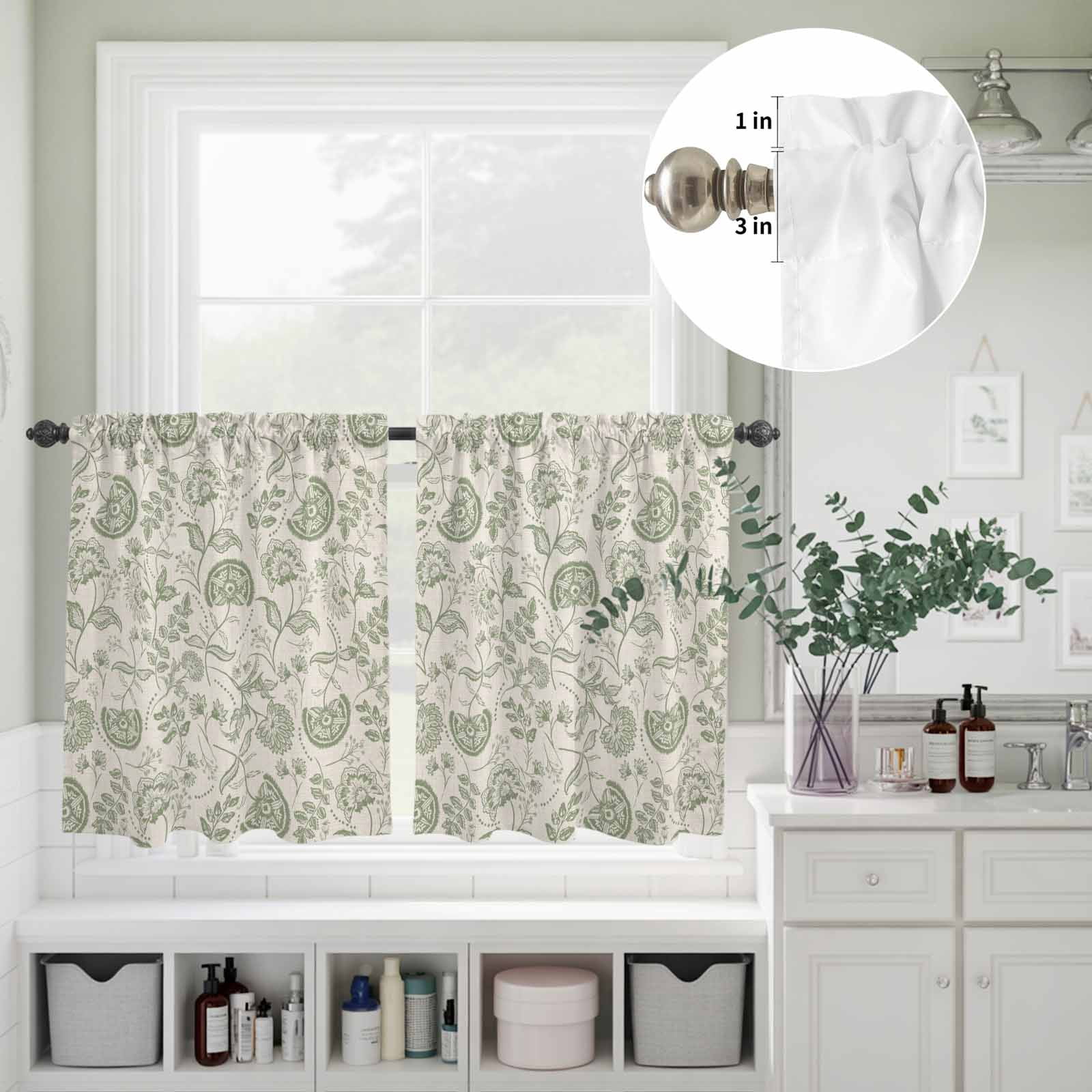 Farmhouse Sage Green Floral Kitchen Curtains Valances 3 Piece Set, Linen Boho Paisley Flower Rustic Rod Pocket Tier Curtain and Valance Drapes for Small Window 36 Inch Length for Bedroom Cafe