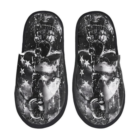 Balery Chained Skull Artwork Slient Indoor Furry Fleece Comfort House Shoes Soft Non-Slip Home Shoes Cotton slippers House Slippers-- Large