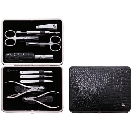 ZWILLING Manicure Set (10 piece complete set for fingernails and toenails genuine leather case with metal frame) Polished Stainless Steel Crocodile Edition Black