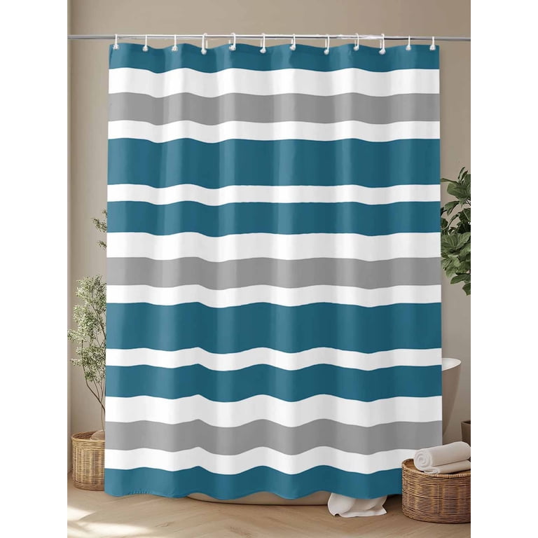 Navy Blue & Gray Striped Shower Curtain, 72"L X 48"W | Waterproof Polyester Fabric With Hooks