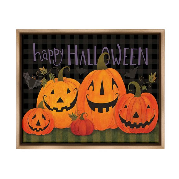 Stupell Industries Halloween Smiling Jack-o-Lanterns Holiday Painting Brown Floater Framed Canvas Art Print Wall Art, 31 x 25