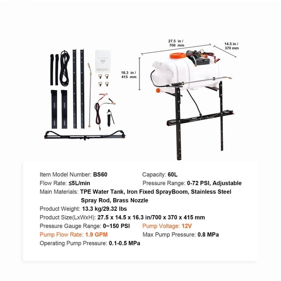 ATV Spot Sprayer,15.9 Gal/60 L ATV/UTV Broadcast Sprayer with A Nozzle Boom,12 V Pump Weed Sprayer with Water Tank,1.9 GPM Flow Rate,Adjustable 0-72 PSI,20FT Hose,White