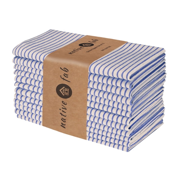 Native Fab Reusable Blue Beige Stripe Dinner Cloth Napkin Set of 12 Cotton 18x20