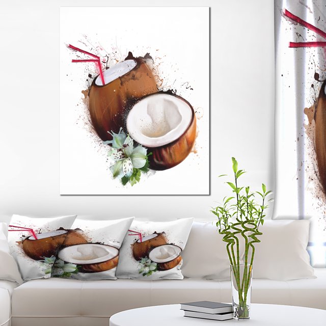 Coconuts with Straw Watercolor - Floral Canvas Art Print