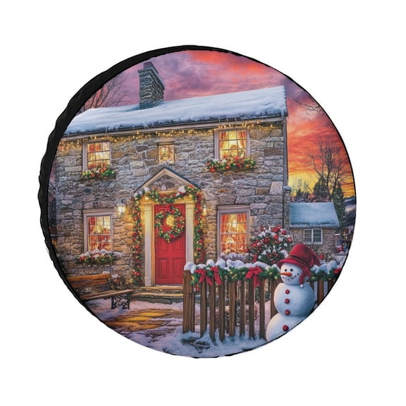 Christmas Cottage Holiday Spare Tire Cover Christmas Festival Polyester Universal Spare Wheel Tire Cover Wheel Covers for Camper Travel Trailer SUV Truck 12inch