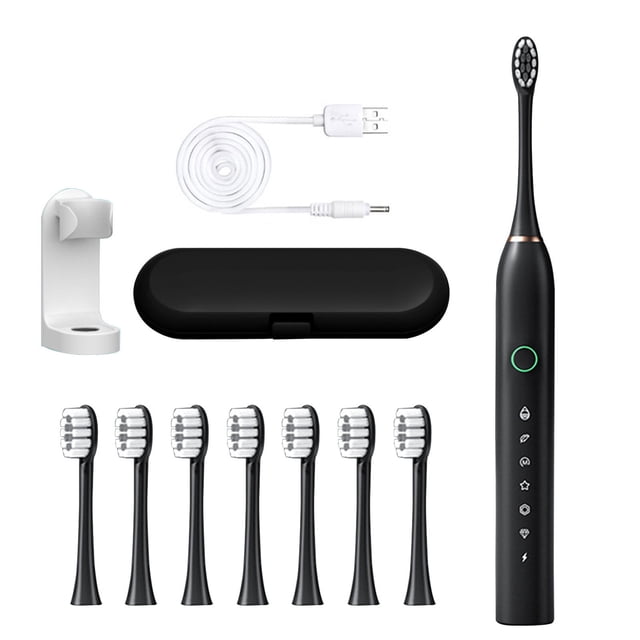 Yhmxh Utensilios de cocina Cepillo de dientes eléctrico de 8 cabezales, 6 velocidades, con soporte y estuche de viaje, modelo de carga USB, carga automática, sonido, cerdas suaves.