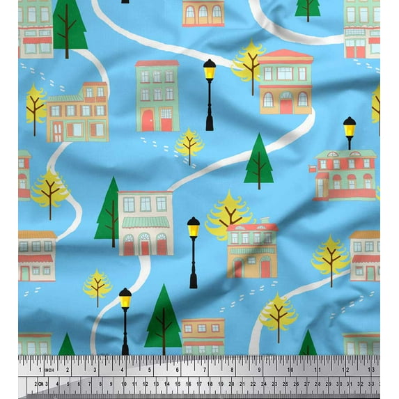 Soimoi Blue Heavy Satin Fabric Tree,Street Lamp & House Architectural Printed Fabric 1 Yard 54 Inch Wide