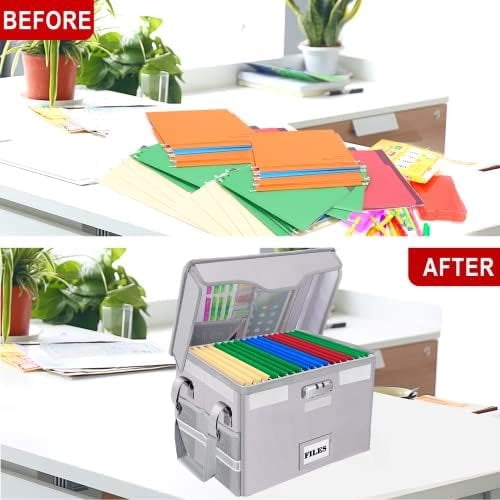 Fireproof Document Box with Lock,File Storage Organizer with Zipper Pockets,Collapsible Portable File Box Home Office Safe Filing Cabinet with Handle for Hanging Letter/Legal Folder,Silver