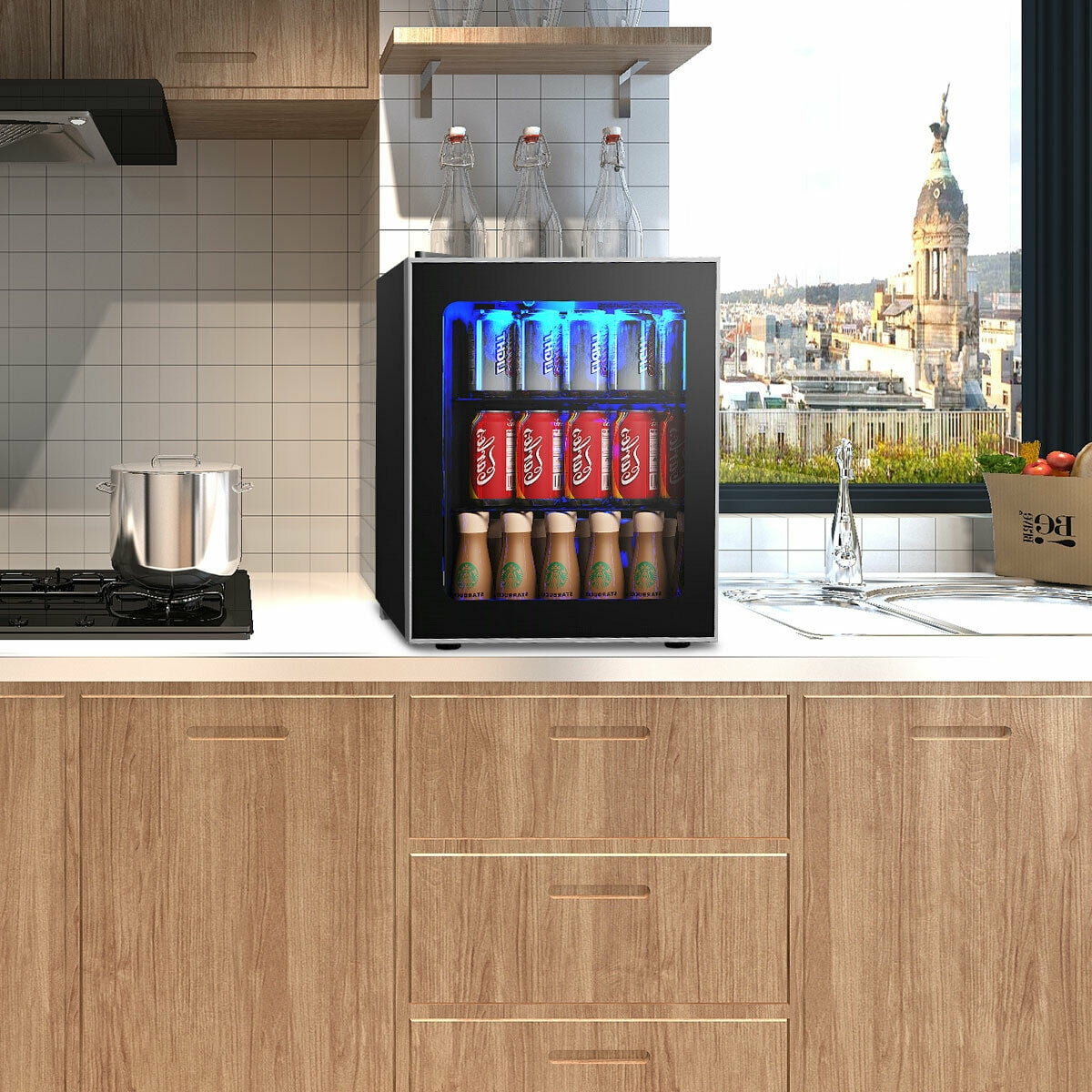 Gymax 60 Can Beverage Refrigerator Beer Wine Soda Drink Cooler Mini Fridge Glass Door