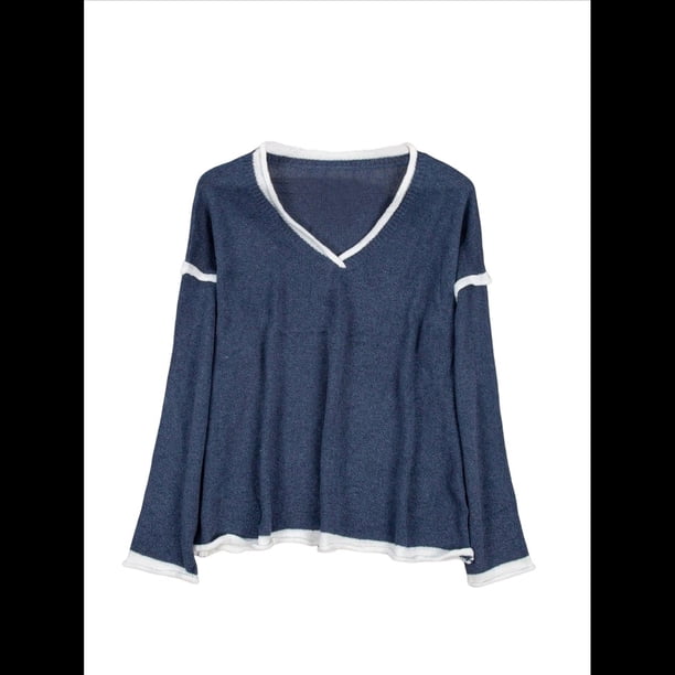 Suéteres Casuales de Larga con Cuello en V para Mujer, Suéteres Sueltos de Punto Grueso y Suave, Sudaderas, Tops. Azul Marino XXL